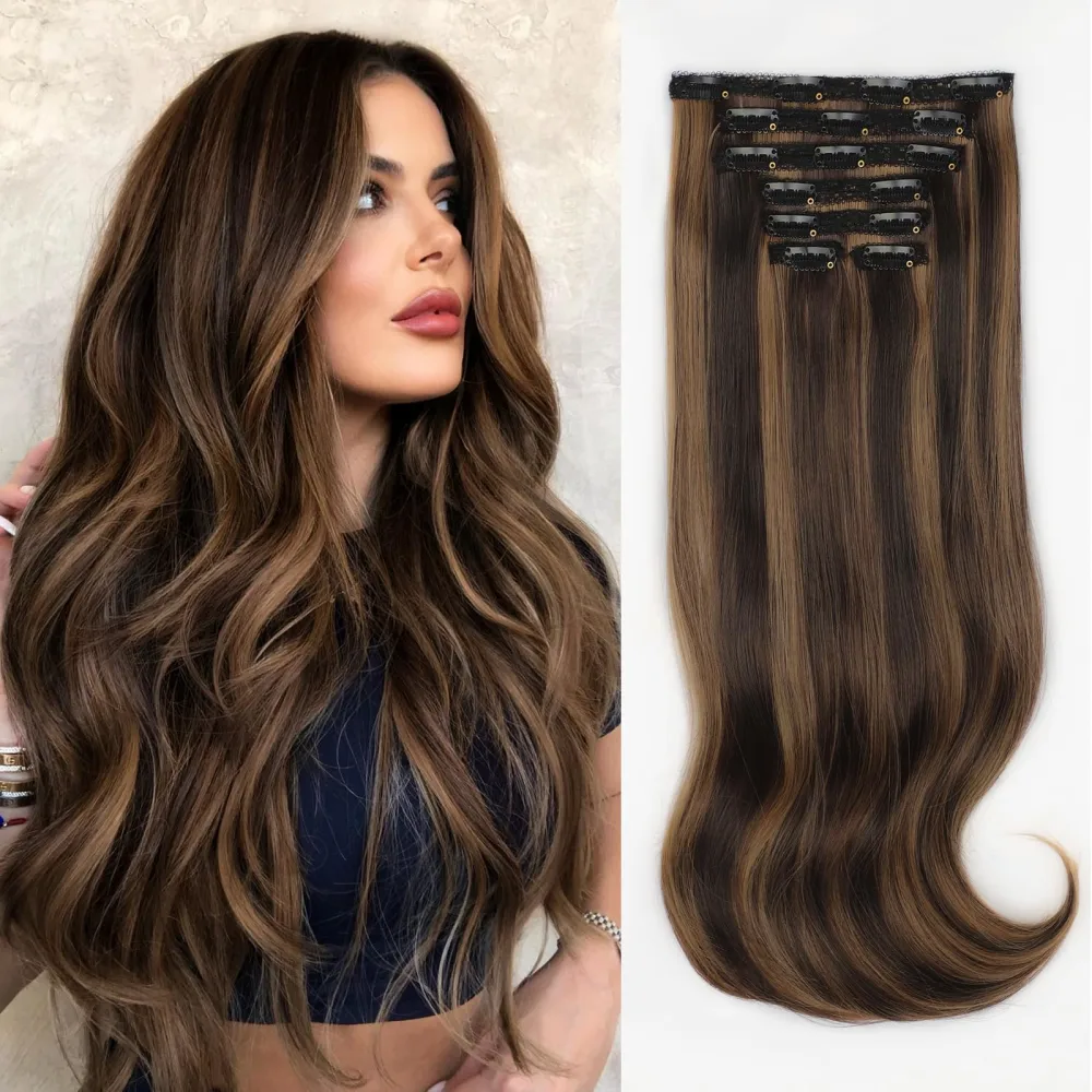 ALXNAN Clip in Hair Extension, 7PCS Hair Extension Thick Long Stright Layered Hair Extensions A-Balayage Dark Brown to Chestnut 20 Inch Soft Lace Weft Hair Extensions for Women