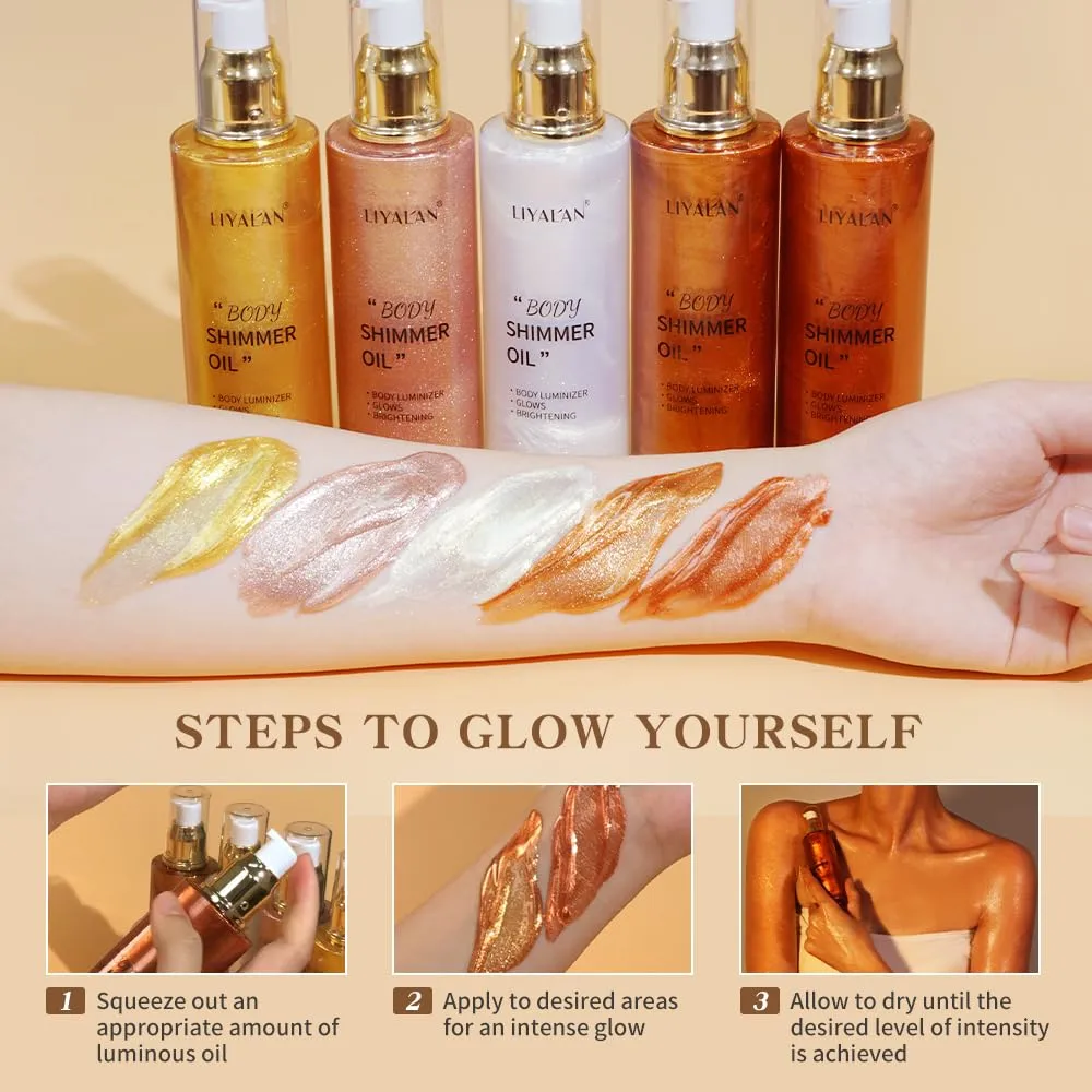 Liyalan Shimmer Body Oil Rose Gold 5 Color Bronze Face Glow Pearl Highlighter Illuminator body Makeup Shine Glitter Gold Liquid Taning 3.38 Fl Oz