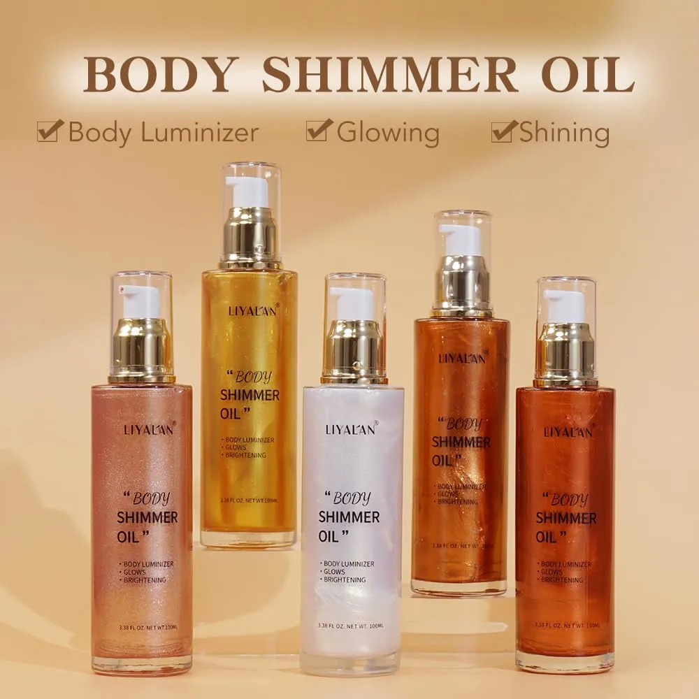 Liyalan Shimmer Body Oil Rose Gold 5 Color Bronze Face Glow Pearl Highlighter Illuminator body Makeup Shine Glitter Gold Liquid Taning 3.38 Fl Oz