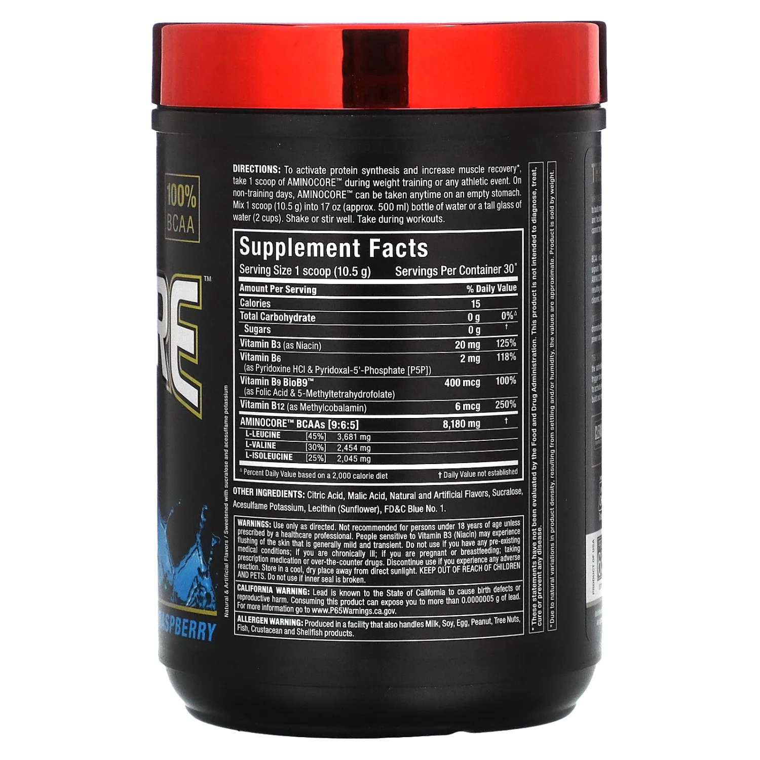 AMINOCORE BCAA – 8G BCAAs – 100% Pure Branch Chained Amino Acids – Gluten Free - Blue Raspberry - 315 Gram