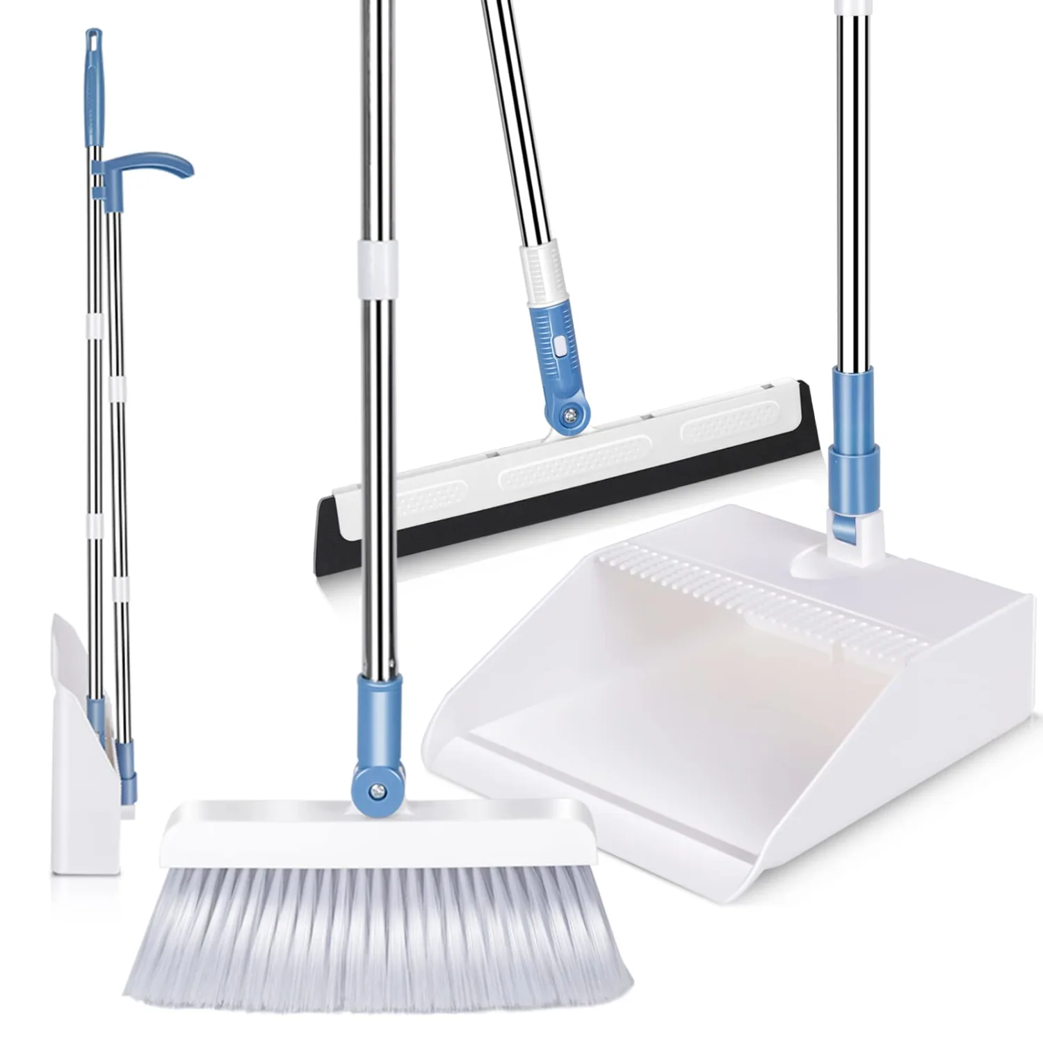Kphico Broom & Dustpan Set,Dustpan & Broom Combo with Upgrade 53" Long Handle,Upright Standing Lobby Broom and Dust Pan,Indoor Broom & Dustpan Set for Home Kitchen Room Office Floor - White/Blue