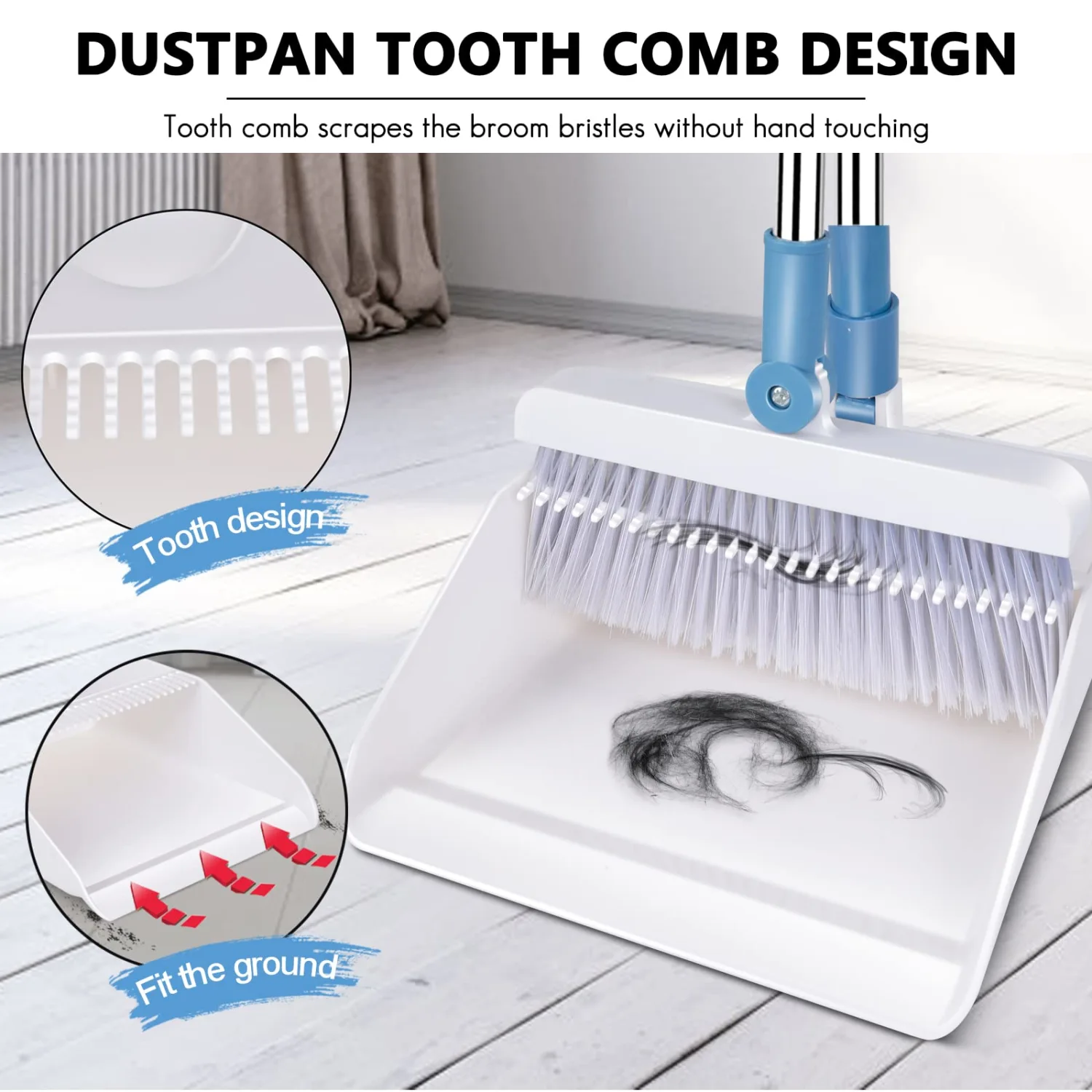 Kphico Broom & Dustpan Set,Dustpan & Broom Combo with Upgrade 53" Long Handle,Upright Standing Lobby Broom and Dust Pan,Indoor Broom & Dustpan Set for Home Kitchen Room Office Floor - White/Blue
