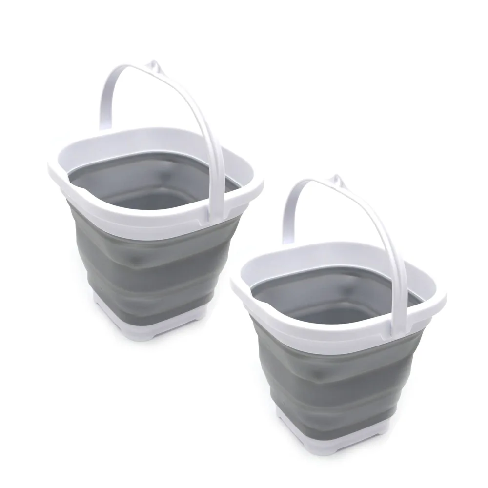 SAMMART Set of 2-2.6L (0.68 Gallon) Super Mini Sqare Collapsible Plastic Bucket - Foldable Square Tub - Portable Fishing Water Pail - Space Saving Outdoor Waterpot (2, Grey)