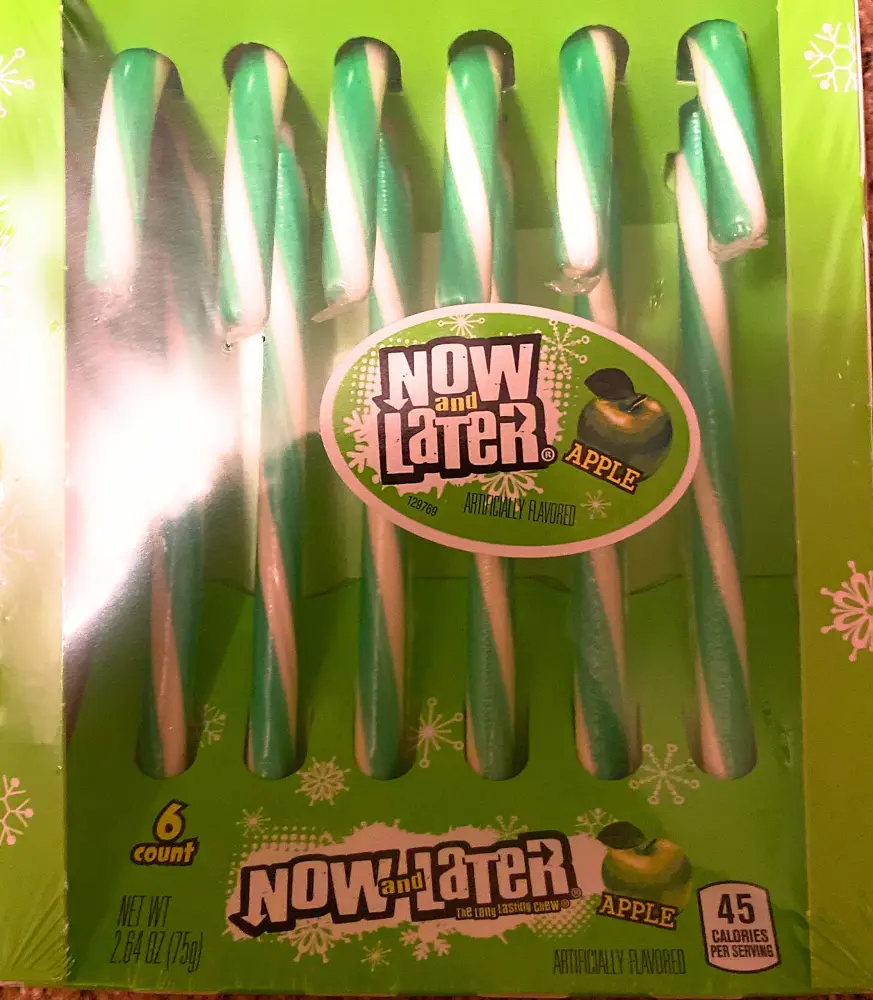 Now and Later Apple Candy Canes (1) 2.64oz Box. Holidays Candy, 6 individual wrapped pieces