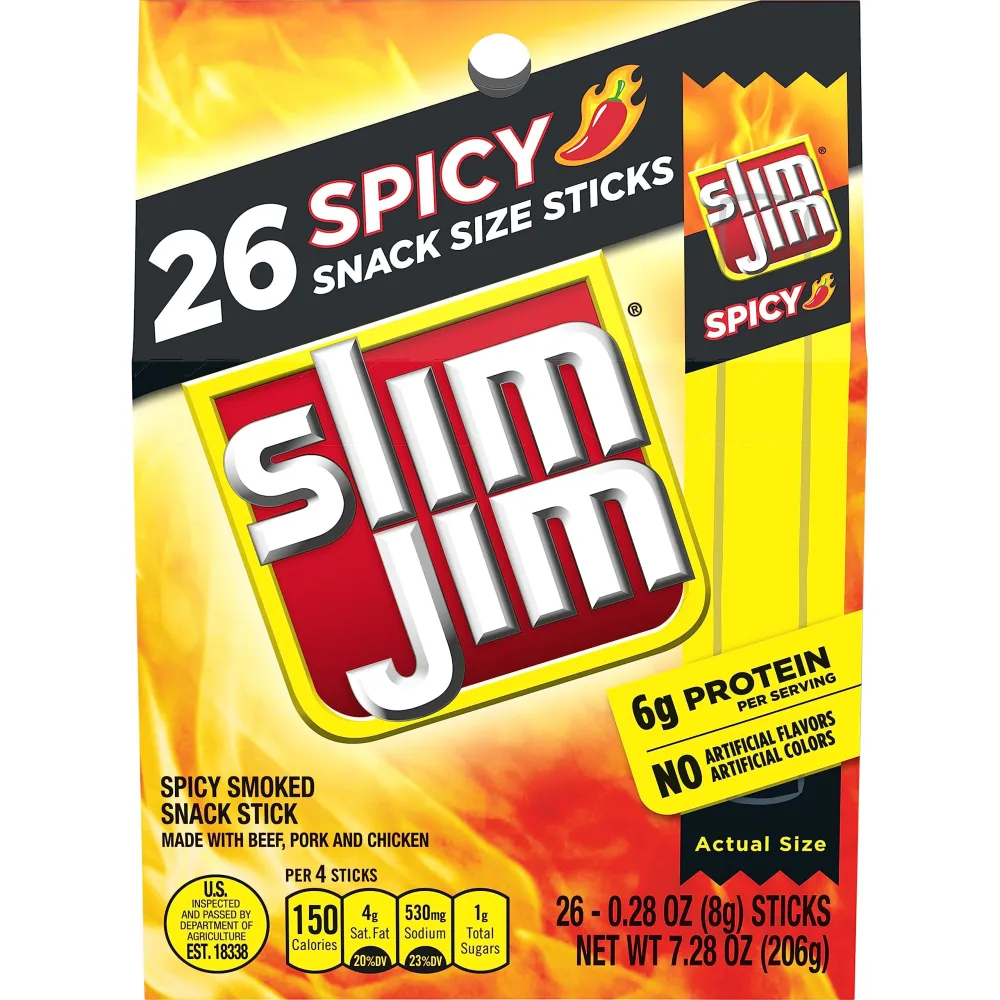 Slim Jim Spicy Snack Size Smoked Meat Sticks, Keto Friendly, 7.28 oz. 26 Count Box