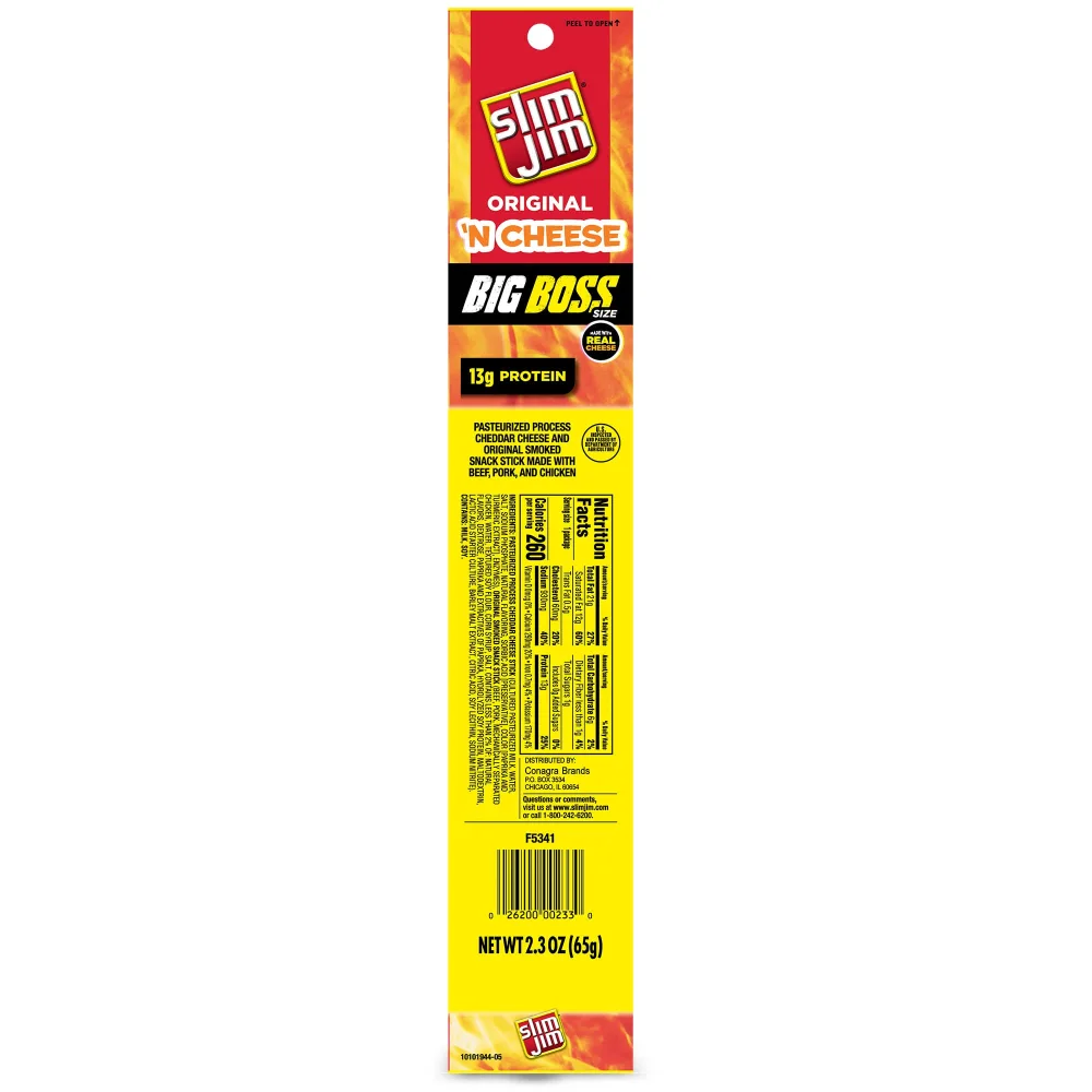 Slim Jim Original 'N Cheese Big Boss Meat & Cheese Sticks, Keto Friendly, 2.3 oz, Single Pack