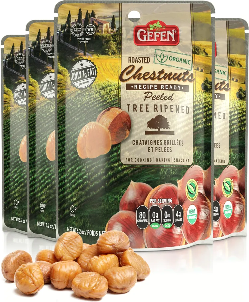 Gefen Organic Whole Peeled and Roasted Chestnuts, 5.2oz (4 Pack) | Chestnuts Peeled and Ready to Eat | Great for Cooking & Baking | Gluten Free | Kosher