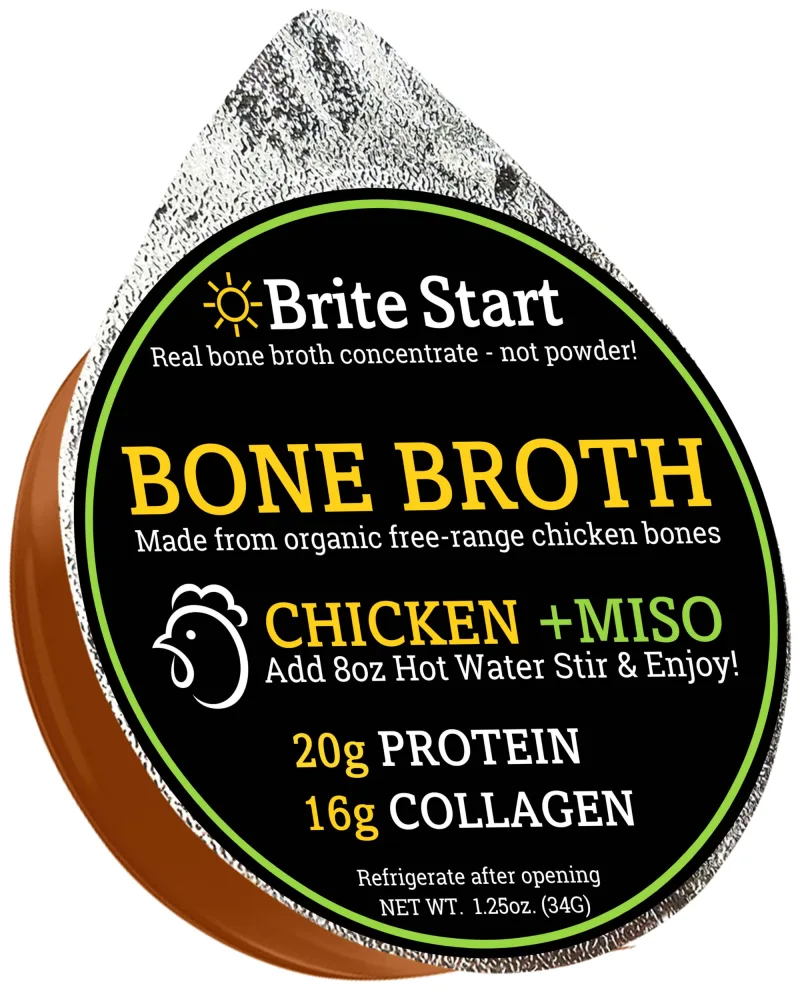 Brite Start Bone Broth - Chicken + Miso - 4 Count - Keto Friendly Concentrate Packed with 16g Collagen, 20g Paleo Protein - Made from Organic Free Range Chicken Bones - Single Serve Packets