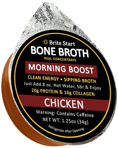 Brite Start Bone Broth - Morning Boost Sipping Broth - Chicken Bone Broth with 16g Collagen, 20g Paleo Protein - Organic Free Range Chicken Bones - Single Serve Packets