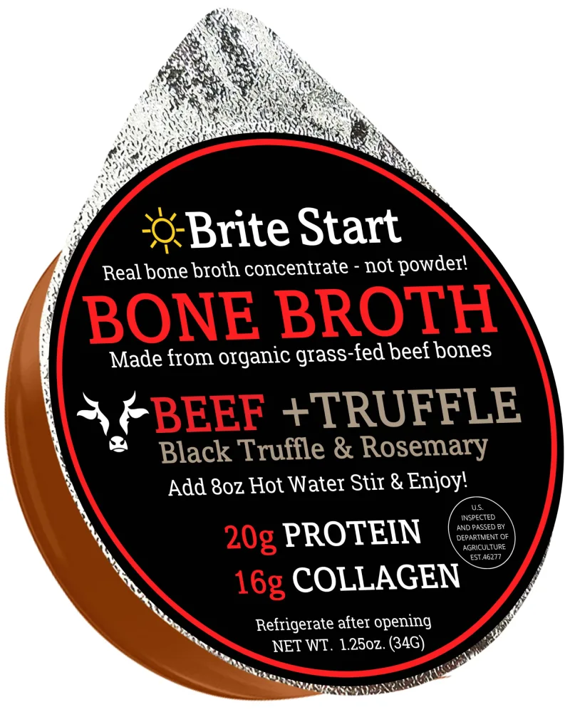 Brite Start Bone Broth - Beef + Black Truffle & Rosemary - 30 Count - Keto Friendly Concentrate Packed with 16g Collagen, 20g Paleo Protein -Made from Organic Grass Fed Beef Bones- Single Serve Packets