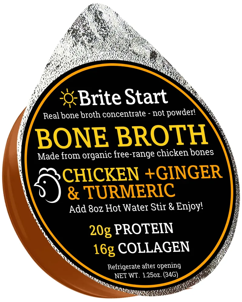 Brite Start Bone Broth - Chicken + Ginger & Turmeric - 30 Count - Keto Friendly Concentrate with 16g Collagen, 20g Paleo Protein - Made from Organic Free Range Chicken Bones - Single Serve Packets