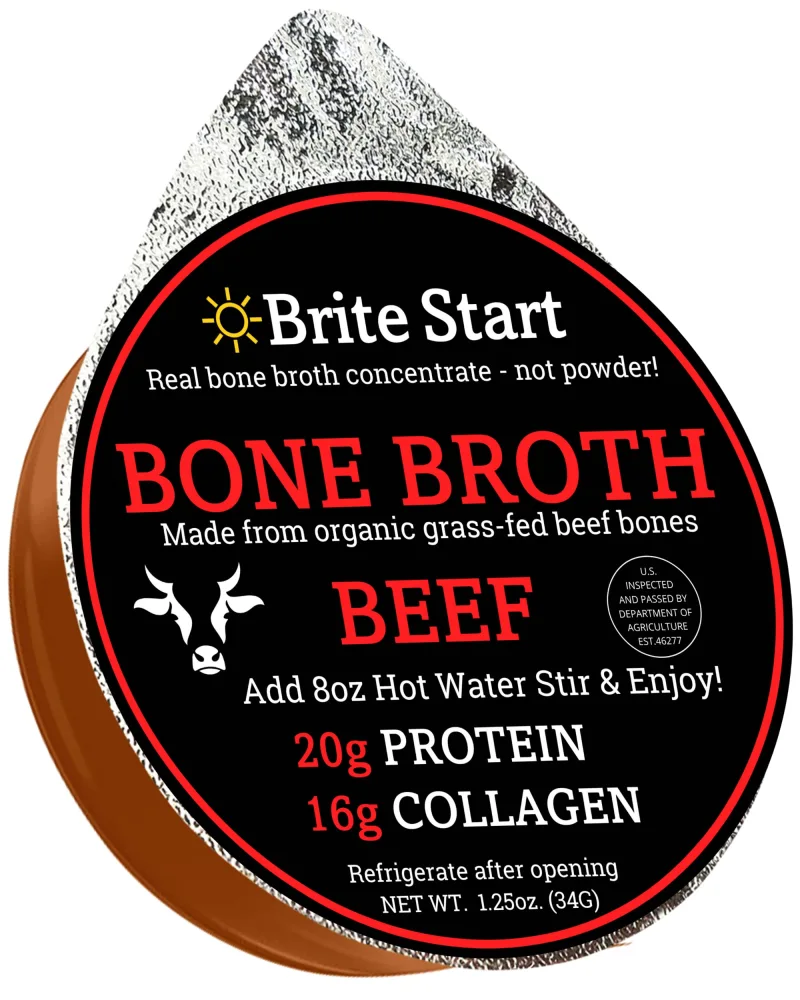 Brite Start Bone Broth - Beef Bone Broth - 30 Count - Keto Friendly Concentrate Packed with 16g Collagen, 20g Paleo Protein -Made from Organic Grass Fed Beef Bones- Single Serve Packets