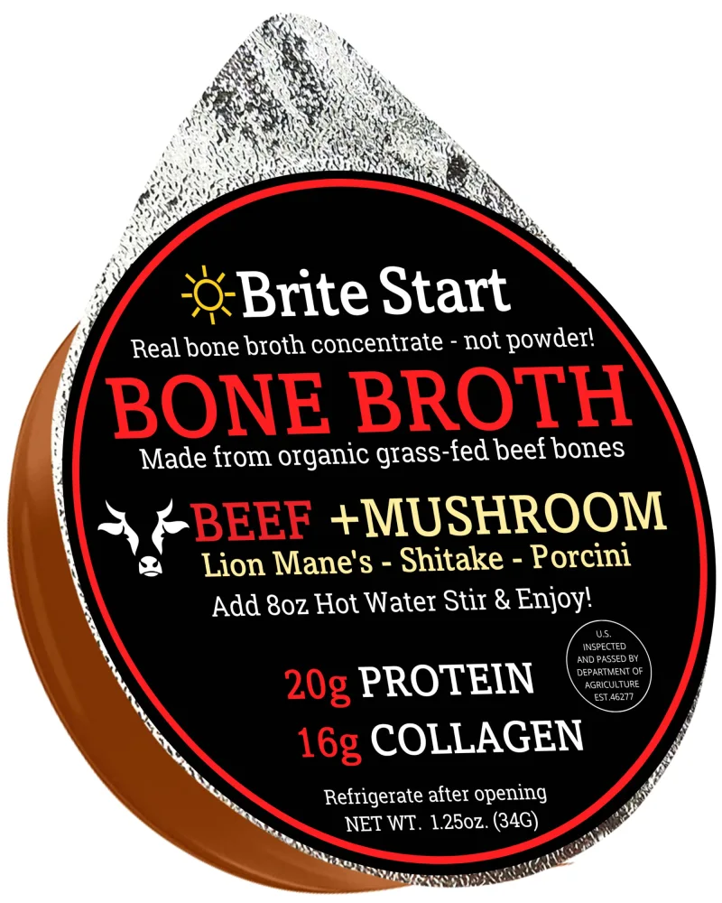 Brite Start Bone Broth - Beef + Mushrooms - Porcini, Shitake, Lion’s Mane - 30 Count - Keto Friendly Concentrate - 16g Collagen 20g Protein -Made from Organic Grass Fed Beef Bones- Single Serve Packets