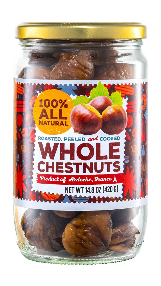 Gourmanity Chestnut Jar, Chestnuts From Ardeche, France, Whole Roasted Chestnuts Peeled and Ready to Eat, Great for Cooking, Baking & Healthy Snacking, Kosher, Non Gmo and Gluten Free, 14.8 oz