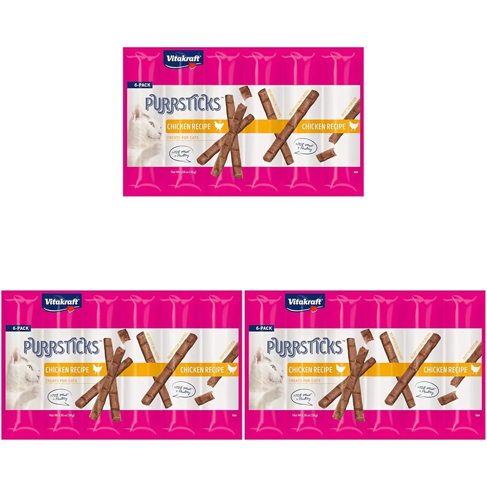 Vitakraft PurrSticks Meaty Cat Sticks - Chicken - Segmented and Breakable Meatstick - Deliciously Tender (Pack of 3)