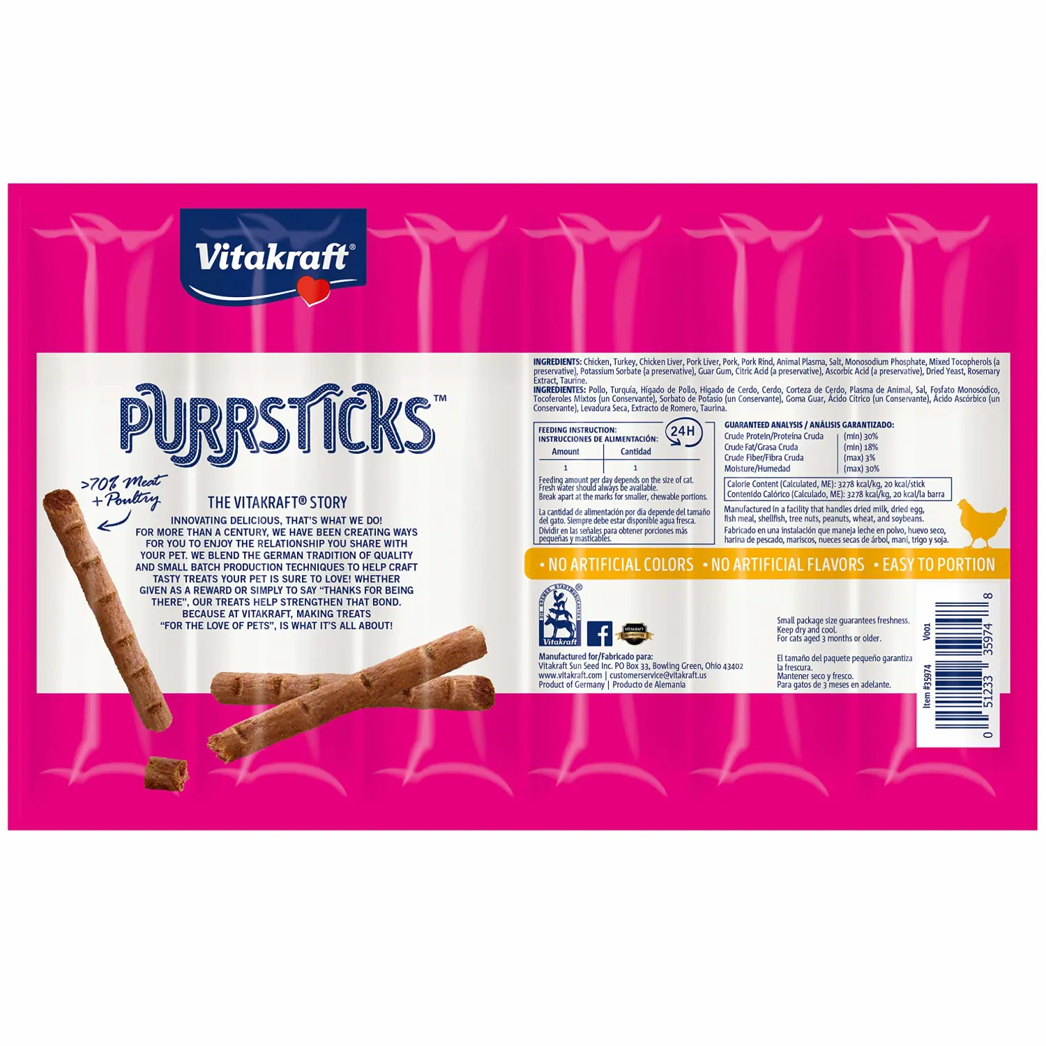 Vitakraft PurrSticks Meaty Cat Sticks - Chicken - Segmented and Breakable Meatstick - Deliciously Tender (Pack of 3)