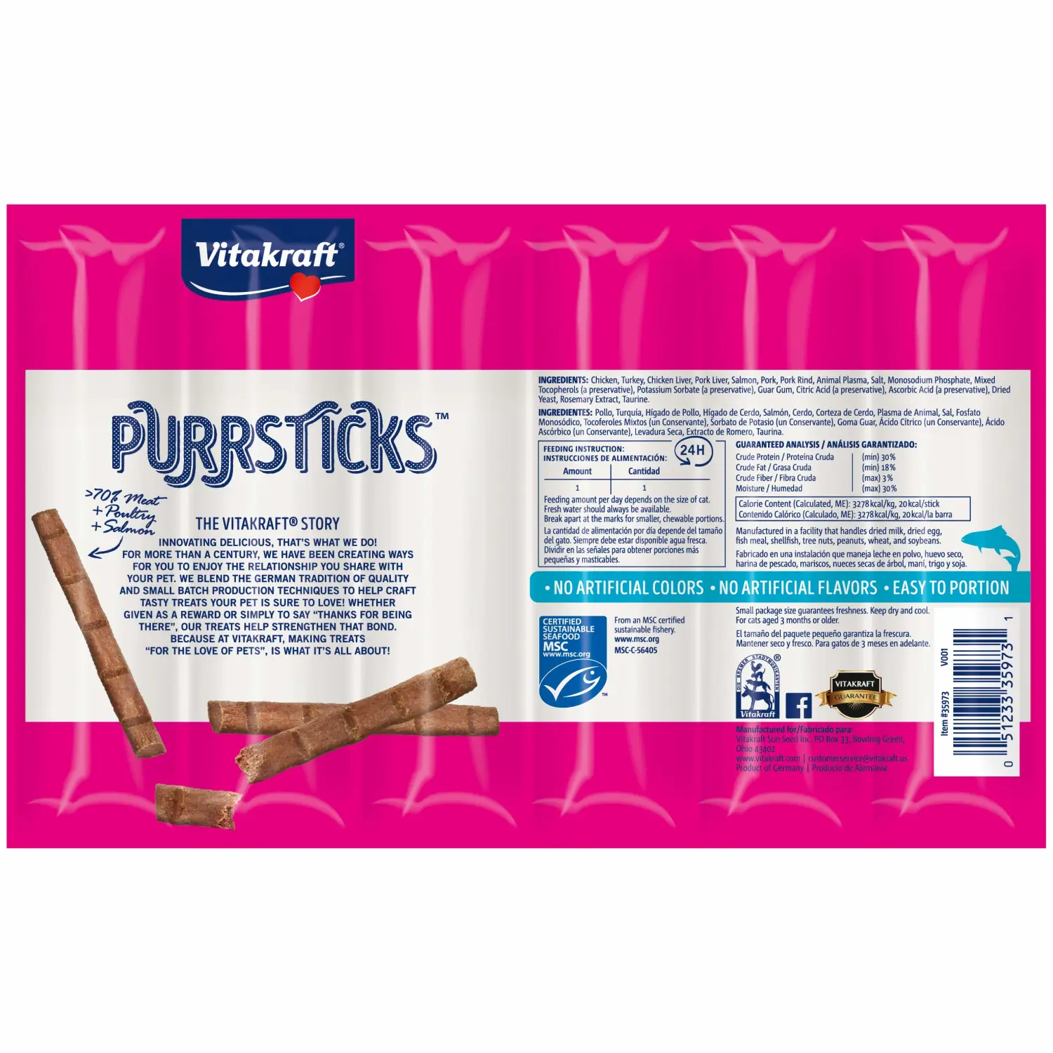 Vitakraft PurrSticks Meaty Cat Sticks - Chicken with Salmon - Segmented and Breakable Meatstick - Deliciously Tender