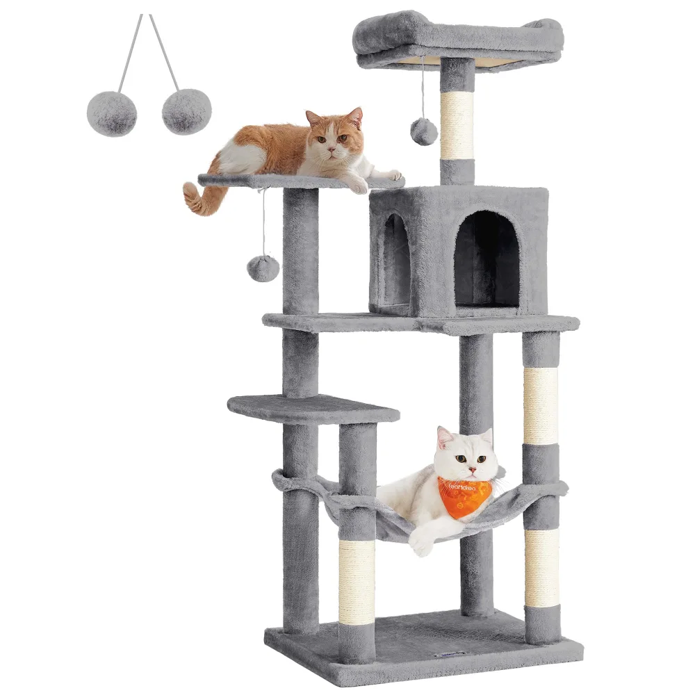 Feandrea Cat Tree, 56.3-Inch Cat Tower for Indoor Cats, Multi-Level Cat Condo with 4 Scratching Posts, 2 Perches, Hammock, Cave, Light Gray UPCT161W01