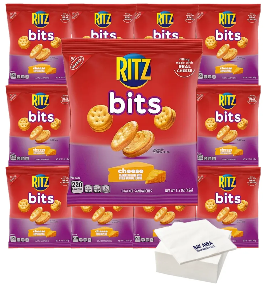 RITZ Bits Cheese Sandwich Crackers, 1.5 ounce (Pack of 10) with Bay Area Marketplace Napkins