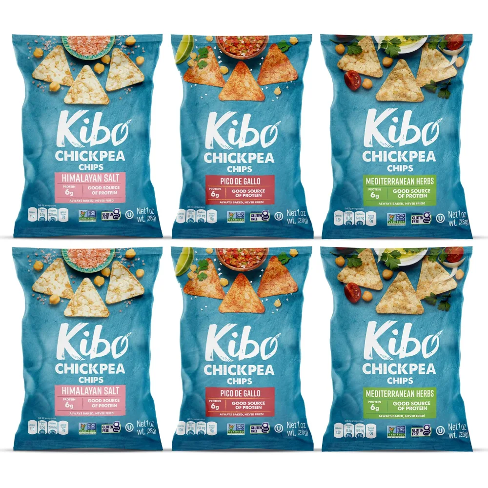 Kibo Chickpea Chips - High Protein/Fiber, Plant-Based, Cert. Gluten Free, Non-GMO, Vegan, Kosher, 3 Flavor Variety Pack, 1oz 6 pk