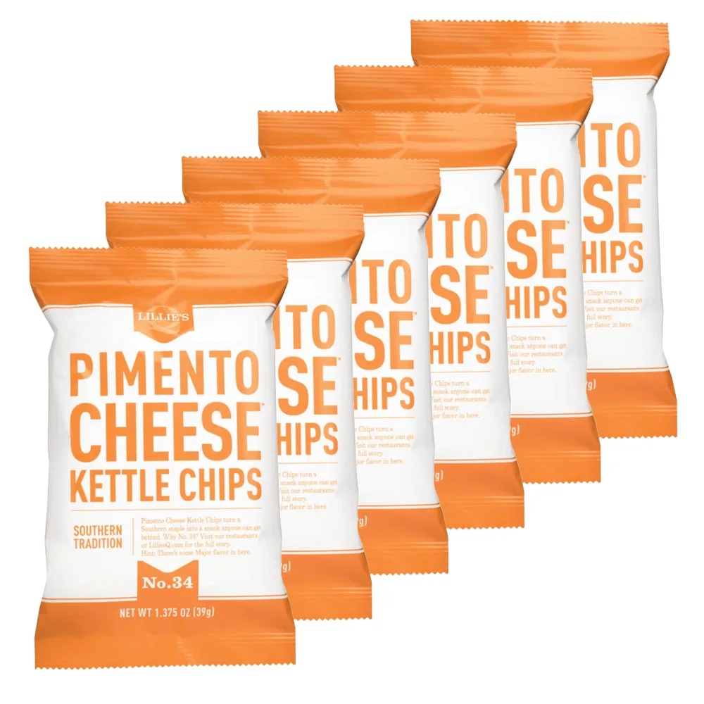 Lillie's Q - Pimento Cheese Kettle Chips, Cheesy Potato Chips, Small Batch Kettle Chips, Individual Bags, 0 Grams Trans Fat, Made with Gluten-Free Ingredients (1.375 oz, 6-Pack)