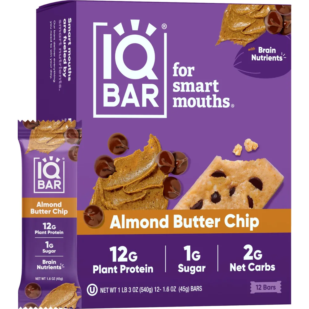 IQBAR Brain and Body Plant Protein Bars - Almond Butter Chip - 12-Count Low Carb - Gluten Free, High Fiber, Vegan Snacks - Low Sugar Meal Replacement