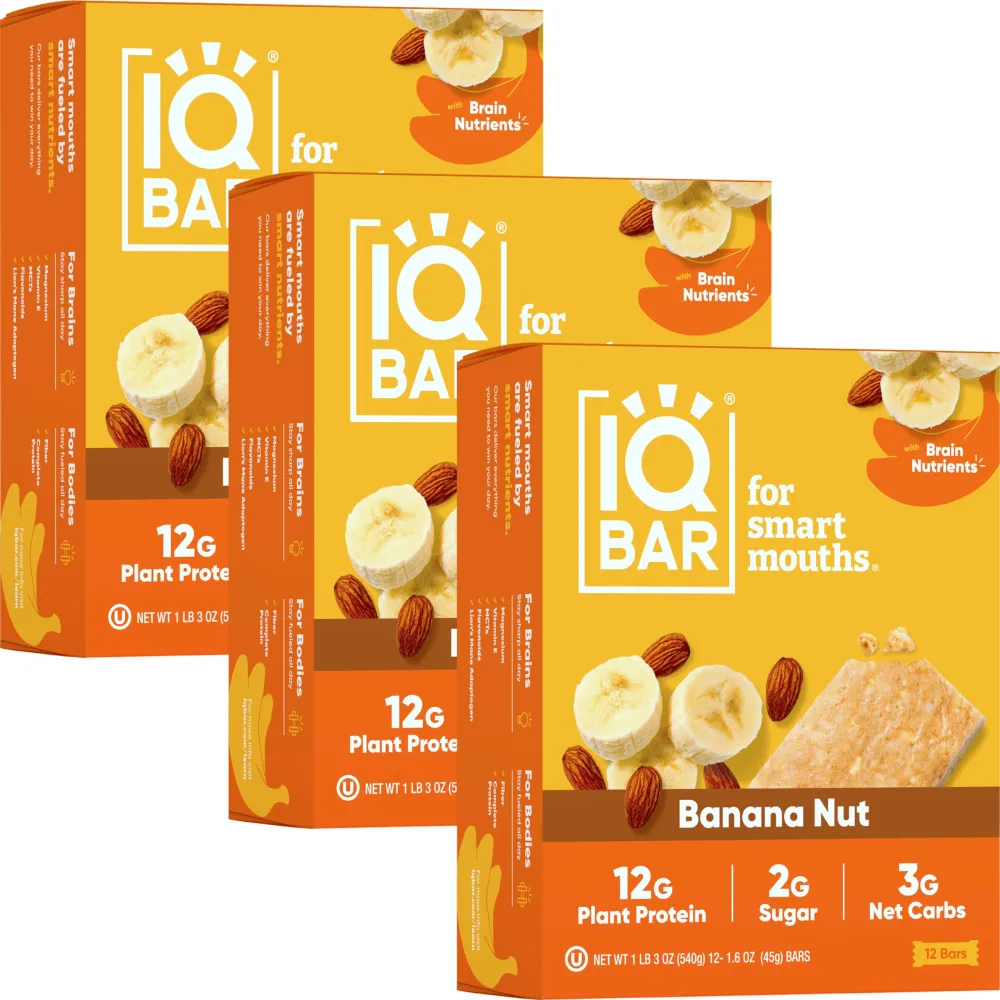 IQBAR Brain and Body Plant Protein Bars - Banana Nut - 36-Count Low Carb - Gluten Free, High Fiber, Vegan Snacks - Low Sugar Meal Replacement