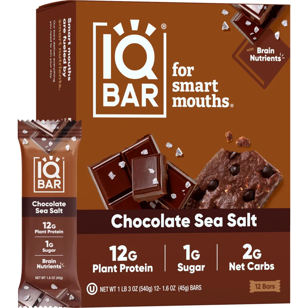 IQBAR Brain and Body Plant Protein Bars - Chocolate Sea Salt - 12-Count Low Carb - Gluten Free, High Fiber, Vegan Snacks - Low Sugar Meal Replacement