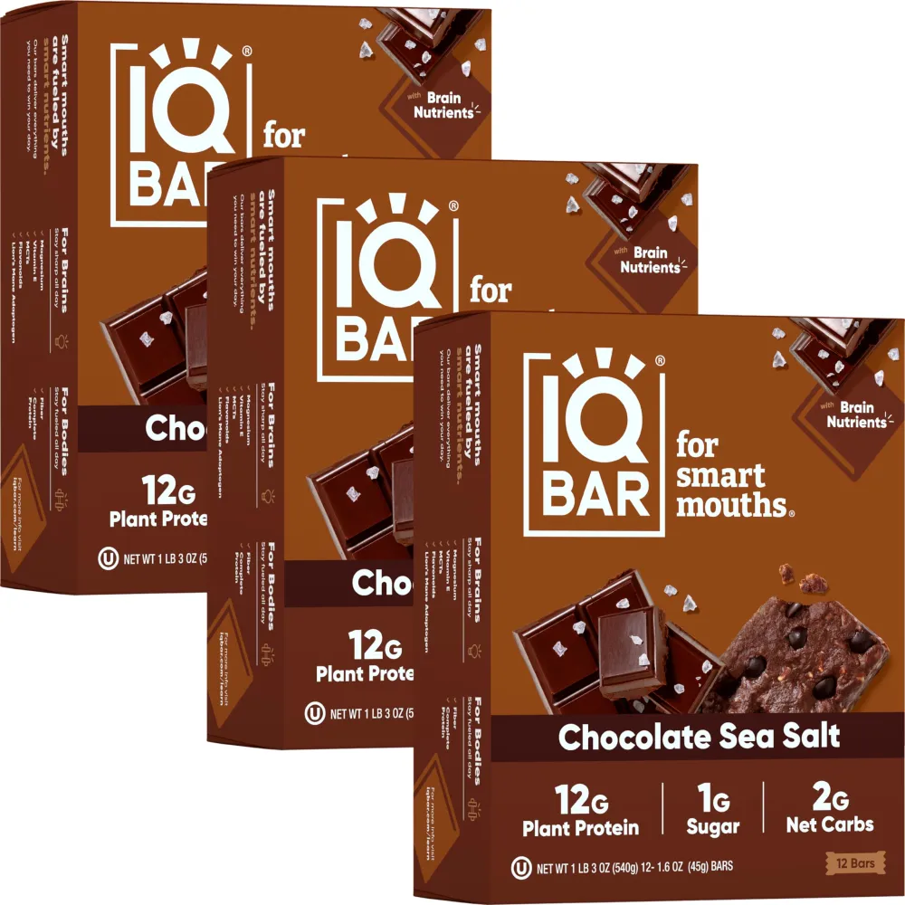 IQBAR Brain and Body Plant Protein Bars - Chocolate Sea Salt - 36-Count Low Carb - Gluten Free, High Fiber, Vegan Snacks - Low Sugar Meal Replacement