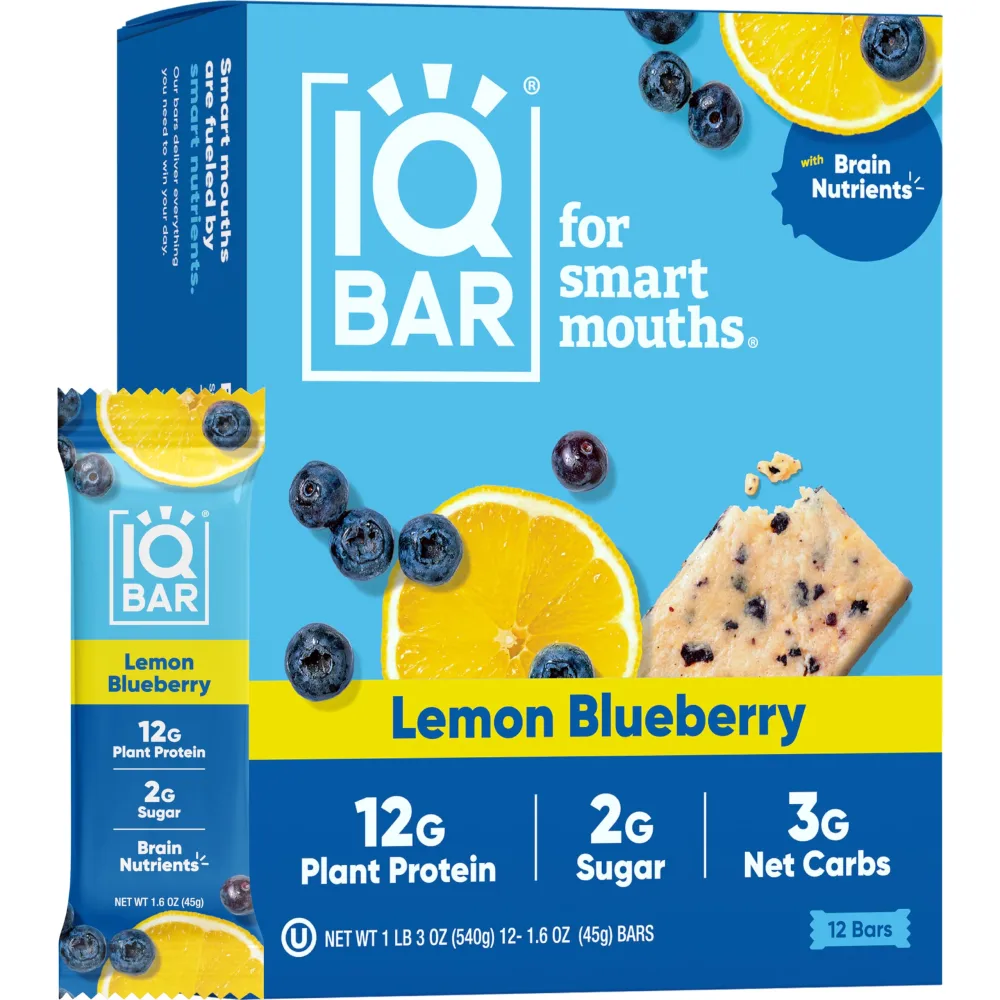 IQBAR Brain and Body Plant Protein Bars - Lemon Blueberry - 12-Count Low Carb - Gluten Free, High Fiber, Vegan Snacks - Low Sugar Meal Replacement