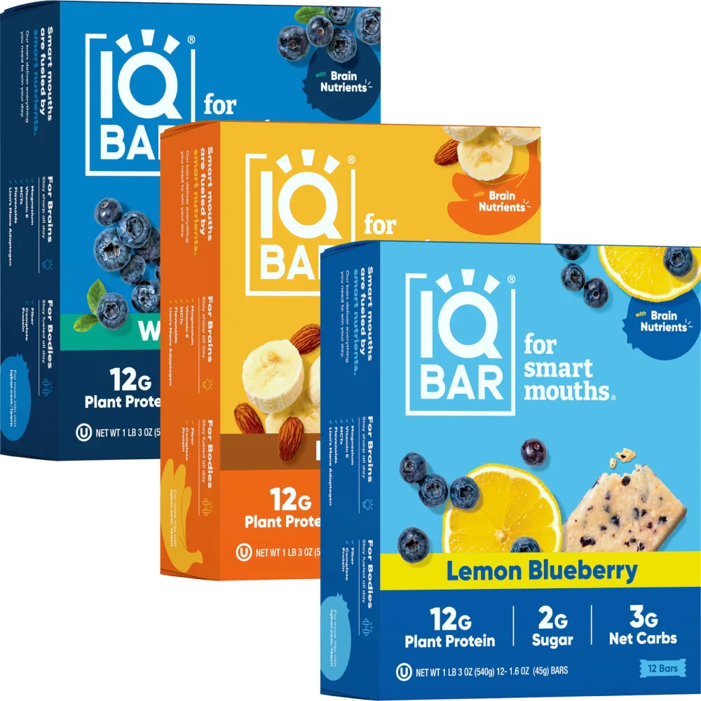 IQBAR Brain and Body Plant Protein Bars - Fruit Lovers Variety - 36-Count Low Carb - Gluten Free, High Fiber, Vegan Snacks - Low Sugar Meal Replacement