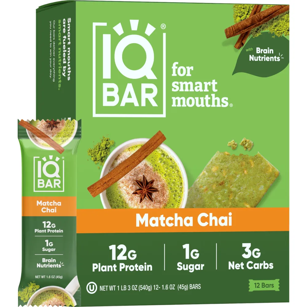 IQBAR Brain and Body Plant Protein Bars - Matcha Chai - 12-Count Low Carb - Gluten Free, High Fiber, Vegan Snacks - Low Sugar Meal Replacement