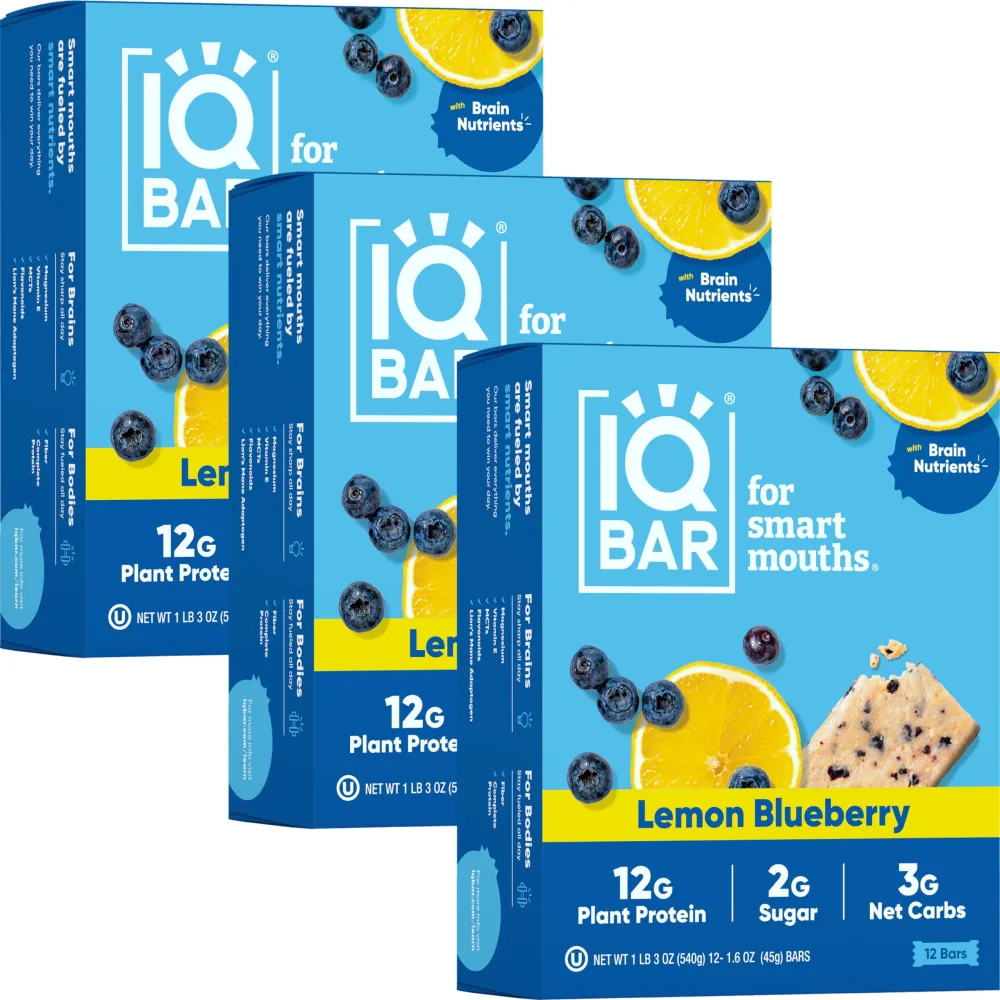 IQBAR Brain and Body Plant Protein Bars - Lemon Blueberry - 36-Count Low Carb - Gluten Free, High Fiber, Vegan Snacks - Low Sugar Meal Replacement