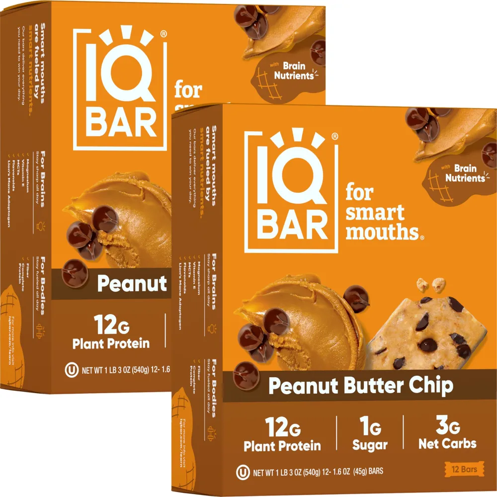 IQBAR Brain and Body Plant Protein Bars - Peanut Butter Chip - 24-Count Low Carb - Gluten Free, High Fiber, Vegan Snacks - Low Sugar Meal Replacement