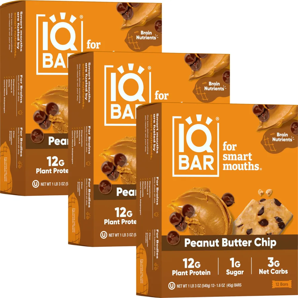 IQBAR Brain and Body Plant Protein Bars - Peanut Butter Chip - 36-Count Low Carb - Gluten Free, High Fiber, Vegan Snacks - Low Sugar Meal Replacement