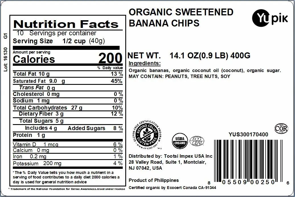 Yupik Organic Sweetened Dried Banana Chips, 14.1 Oz, Gluten-Free, Kosher, Non-GMO, Vegan, Sliced Dried Fruits, Lightly Sweetened, Crunchy Snacks, Ideal for Baking & Topping