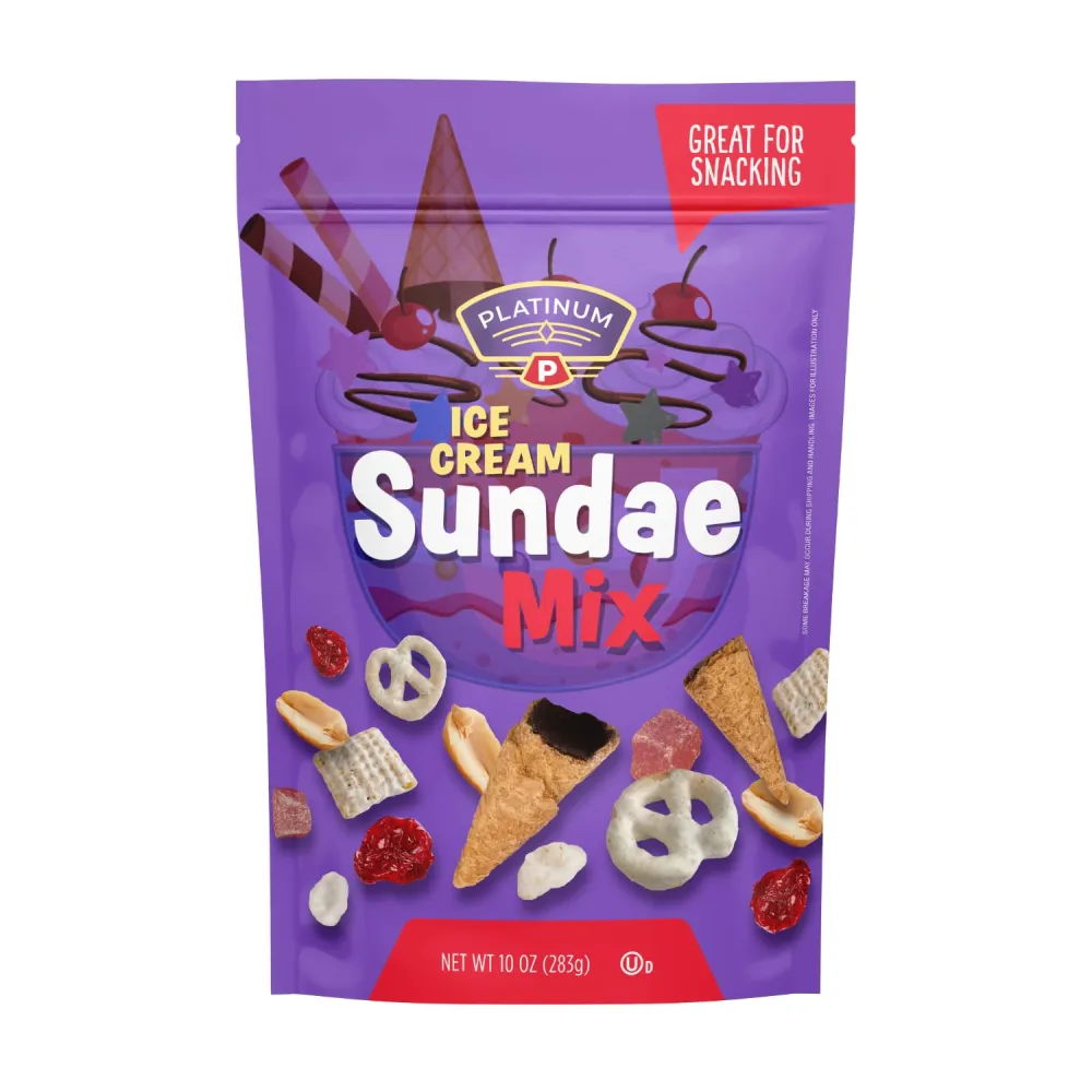 Platinum - Ice Cream Sundae Mix 10 oz | Fun and Delightful Mix of Dark Chocolate Waffle Cones, Yogurt Pretzels, Dried Strawberries, Yogurt Toasted Oats, Yogurt Corn Squares, Dried Cranberries, Roasted Unsalted Peanuts | Trail Mix