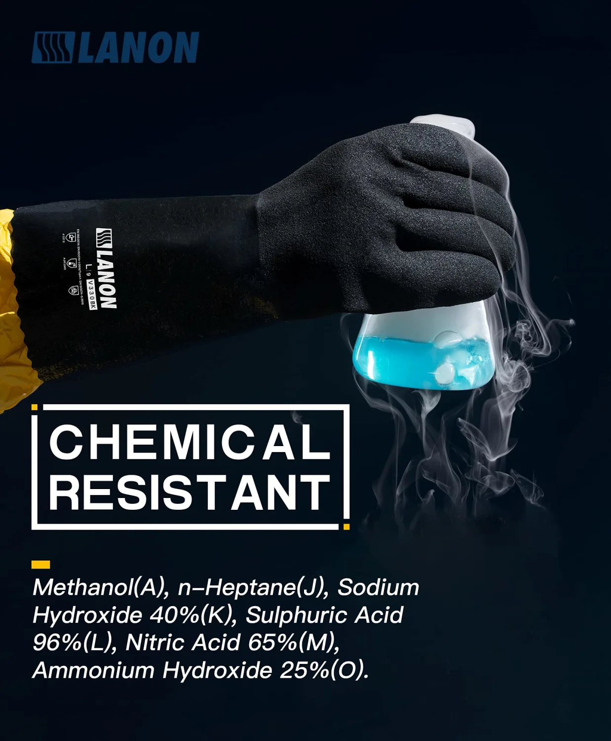 LANON Nitrile Chemical Resistant Gloves, Reusable Heavy-Duty Rubber Gloves with MicroFoam Textured Palm, Acid, Alkali and Oil Protection, Black, XXL
