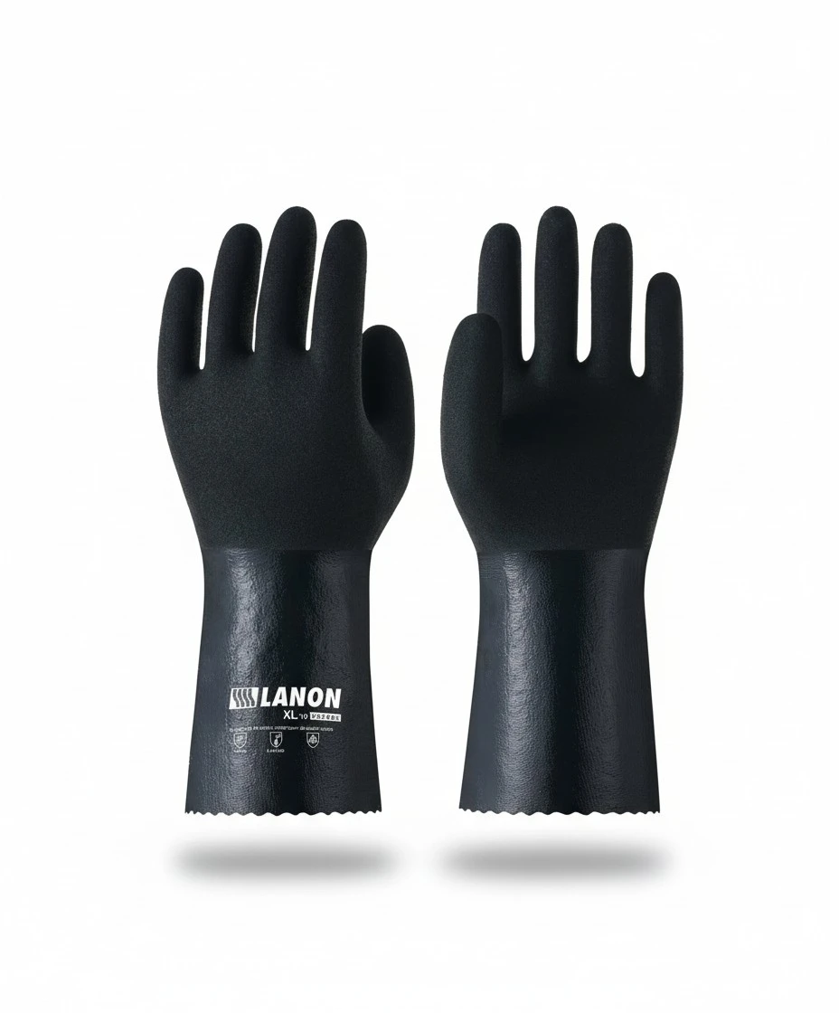 LANON Nitrile Chemical Resistant Gloves, Reusable Heavy-Duty Rubber Gloves with MicroFoam Textured Palm, Acid, Alkali and Oil Protection, Black, XXL
