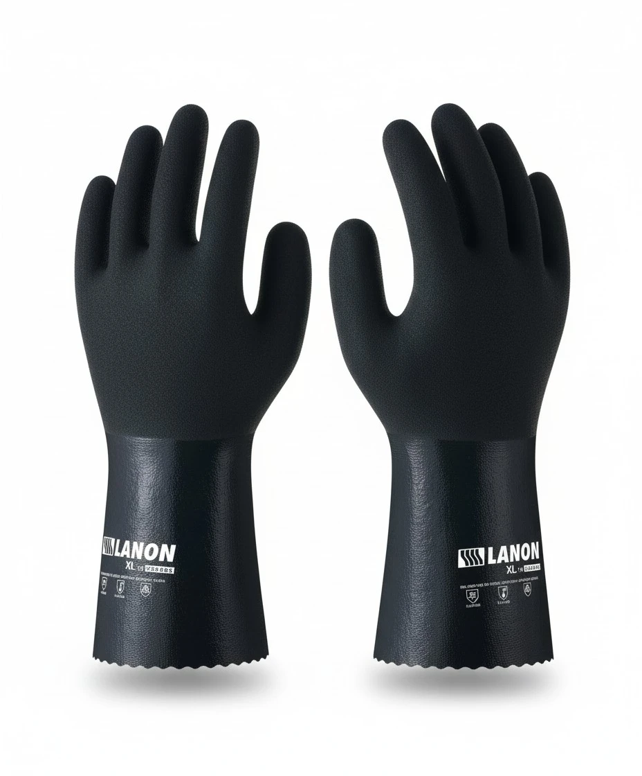 LANON Nitrile Chemical Resistant Gloves, Reusable Heavy-Duty Rubber Gloves with MicroFoam Textured Palm, Acid, Alkali and Oil Protection, Black, Large