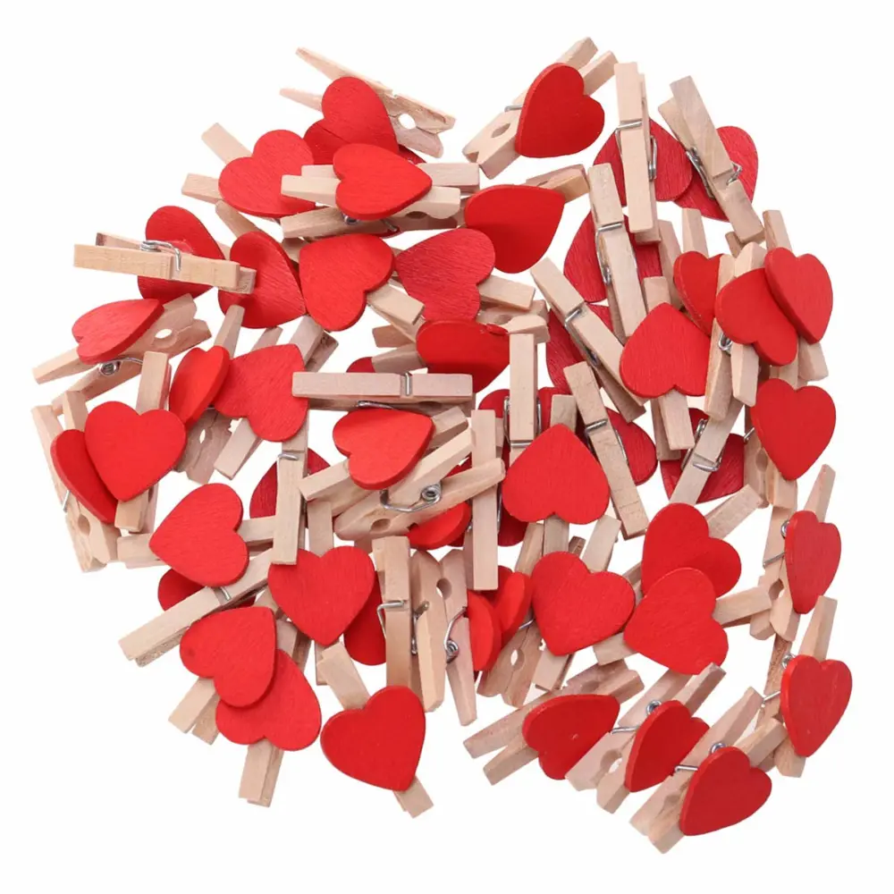 Kisangel 50pcs Mini Heart- Shaped Wooden Clips DIY Craft Clips Photo Paper Pegs for Photos Cards Paintings Scrapbookings Wedding Valentines Day Decor (Red)