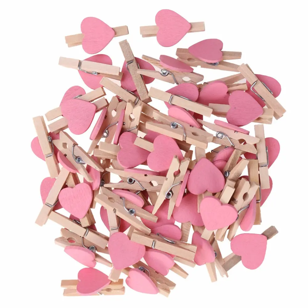 NUOBESTY 50pcs Clothes pins Mini Wooden Clips Clothespins Crafts Clips with Hearts for Wedding Party Valentines Day Decoration Photo Wood Clip Clothespin