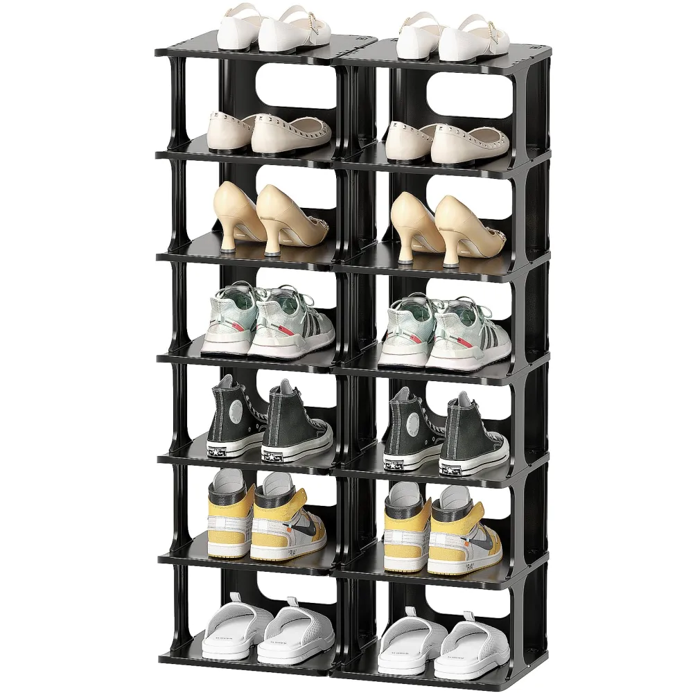 Plastic Shoe Rack 14 Tier Storage Rack for Entryway Organizer for Closet Narrow Shelf Cabinet Black Free Standing Racks Vertical Shoe Holder Stand