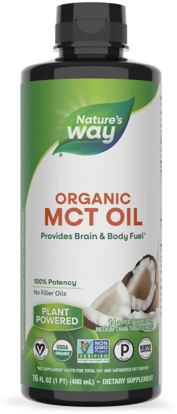 Nature's Way Organic MCT Oil, Brain and Body Fuel from Coconuts*; Keto and Paleo Certified, Organic, Gluten Free, Non-GMO Project Verified, 16 Fl Oz (Packaging May Vary)
