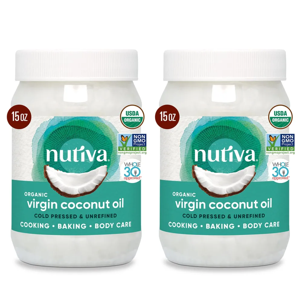 Nutiva Organic Coconut Oil, Cold-Pressed, Unrefined Cooking Oil, Natural Hair Oil, Skin Oil, Massage Oil, USDA Organic, Extra Virgin Coconut Oil (Aceite de Coco) 15 Fl Oz (Pack of 2)