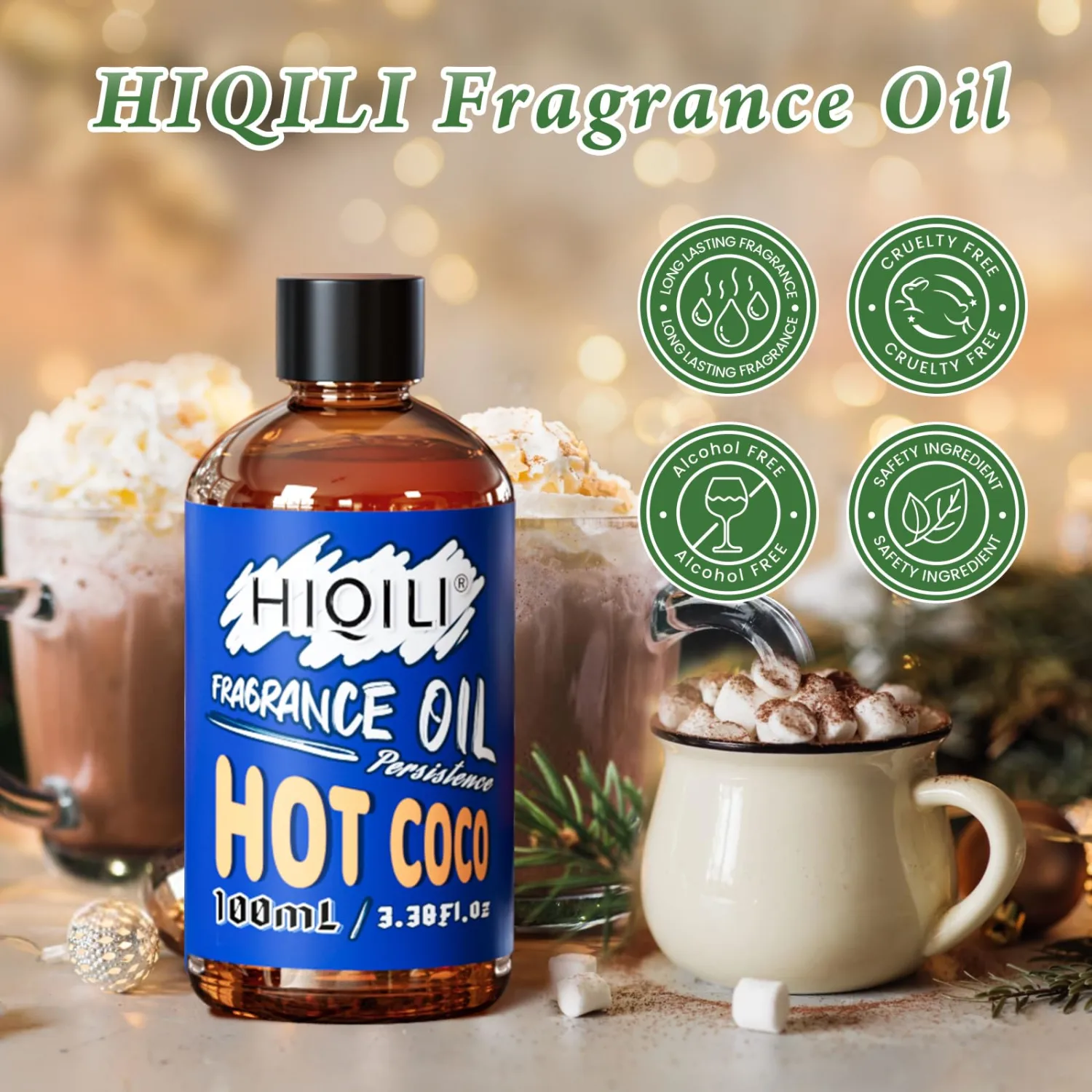 HIQILI Hot Coco ​Essential Oil 100ml - Winter Fragrance Oil for Aromatherapy, Home Diffuser, Car Freshies, DIY Candle Soap Perfume Making, 3.38 Fl Oz