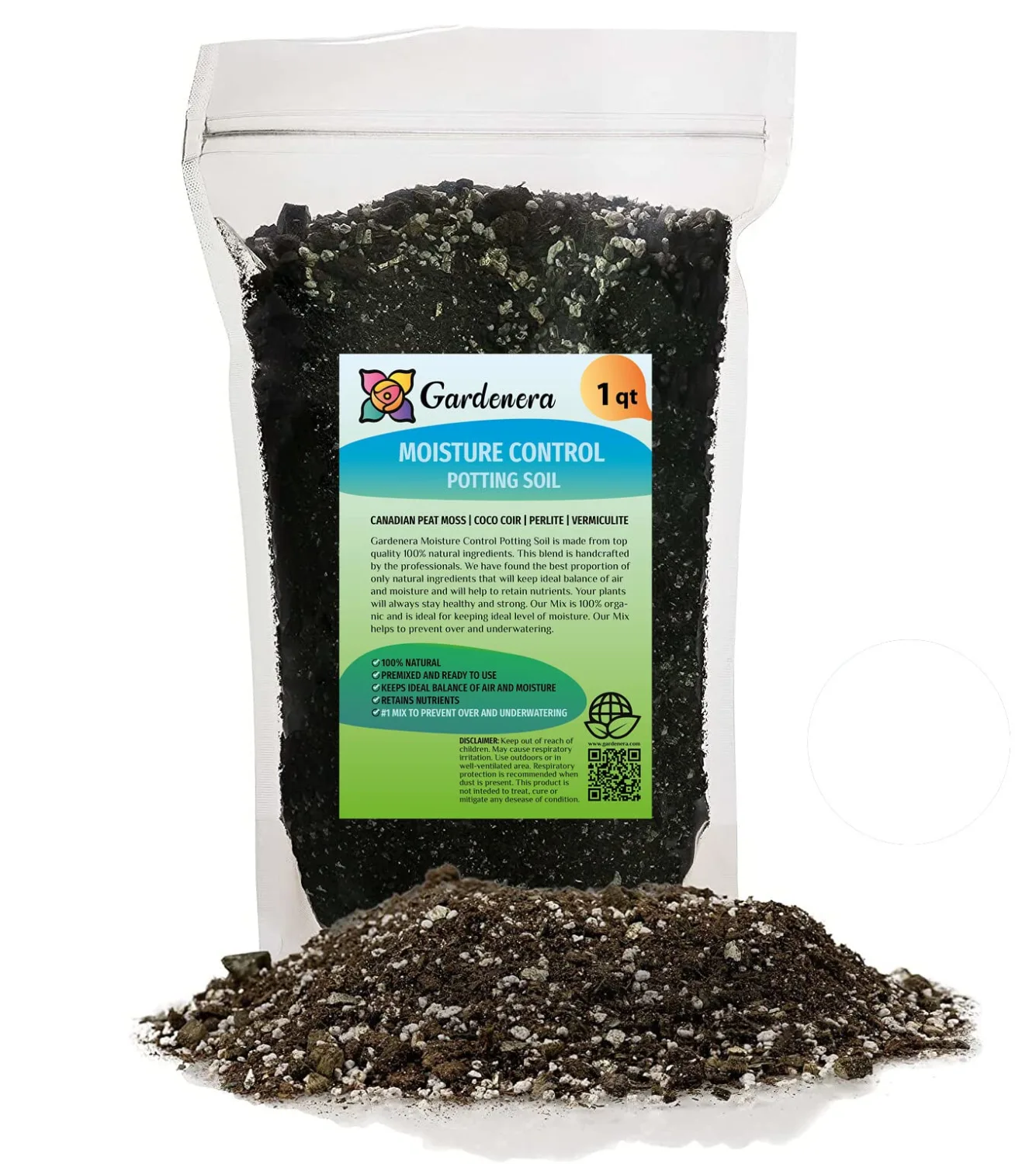 Gardenera Organic Moisture Control Potting Mix - Absorbs 33% More Water Than Basic Potting Soil - 1 Quart