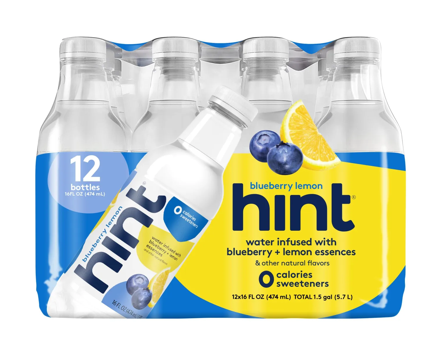 Hint Water Blueberry Lemon, Pure Water Infused with Blueberries and Lemons, Zero Sugar, Zero Calories, Zero Sweeteners, Zero Preservatives, Zero Artificial Flavors, 16 Fl Oz (Pack of 12)