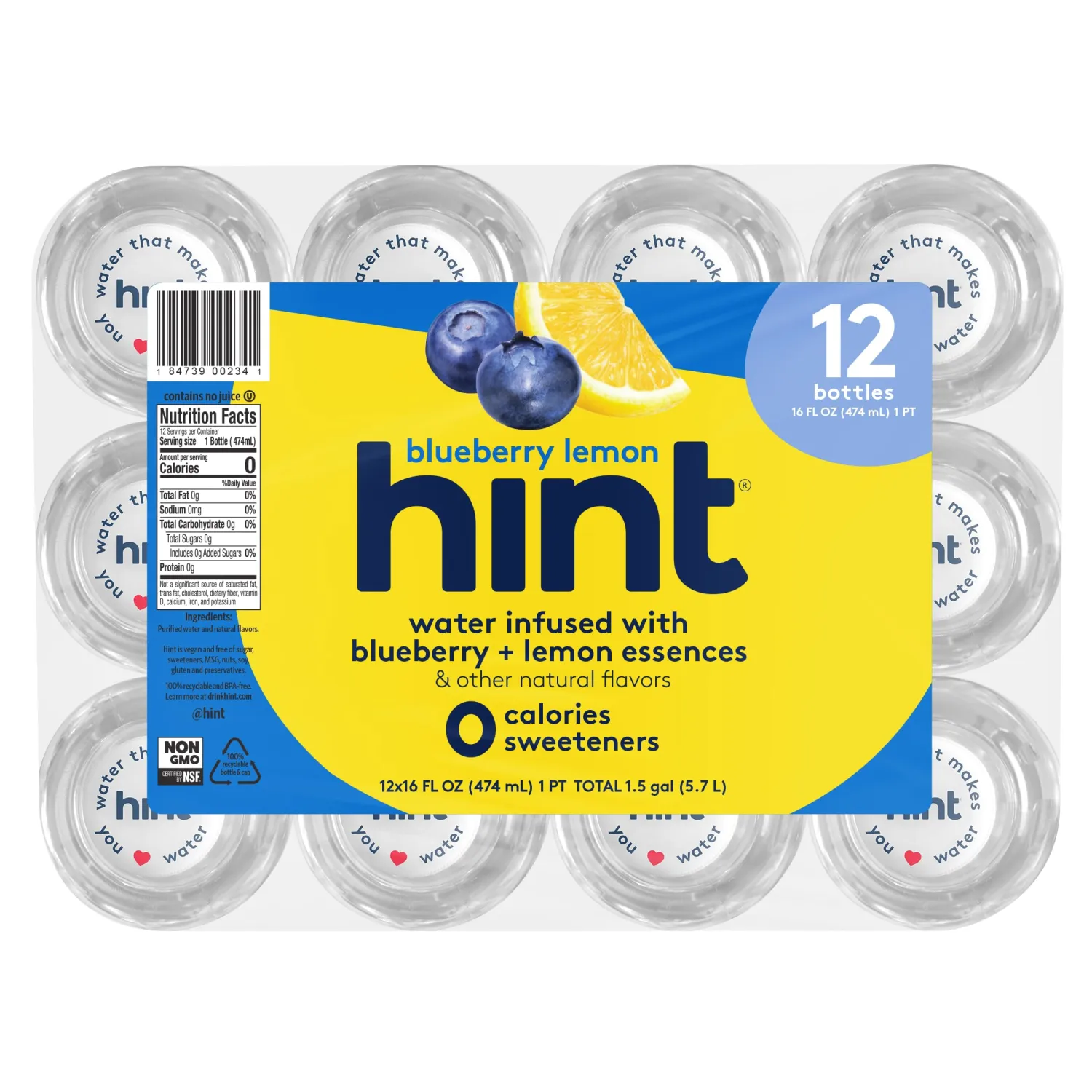Hint Water Blueberry Lemon, Pure Water Infused with Blueberries and Lemons, Zero Sugar, Zero Calories, Zero Sweeteners, Zero Preservatives, Zero Artificial Flavors, 16 Fl Oz (Pack of 12)