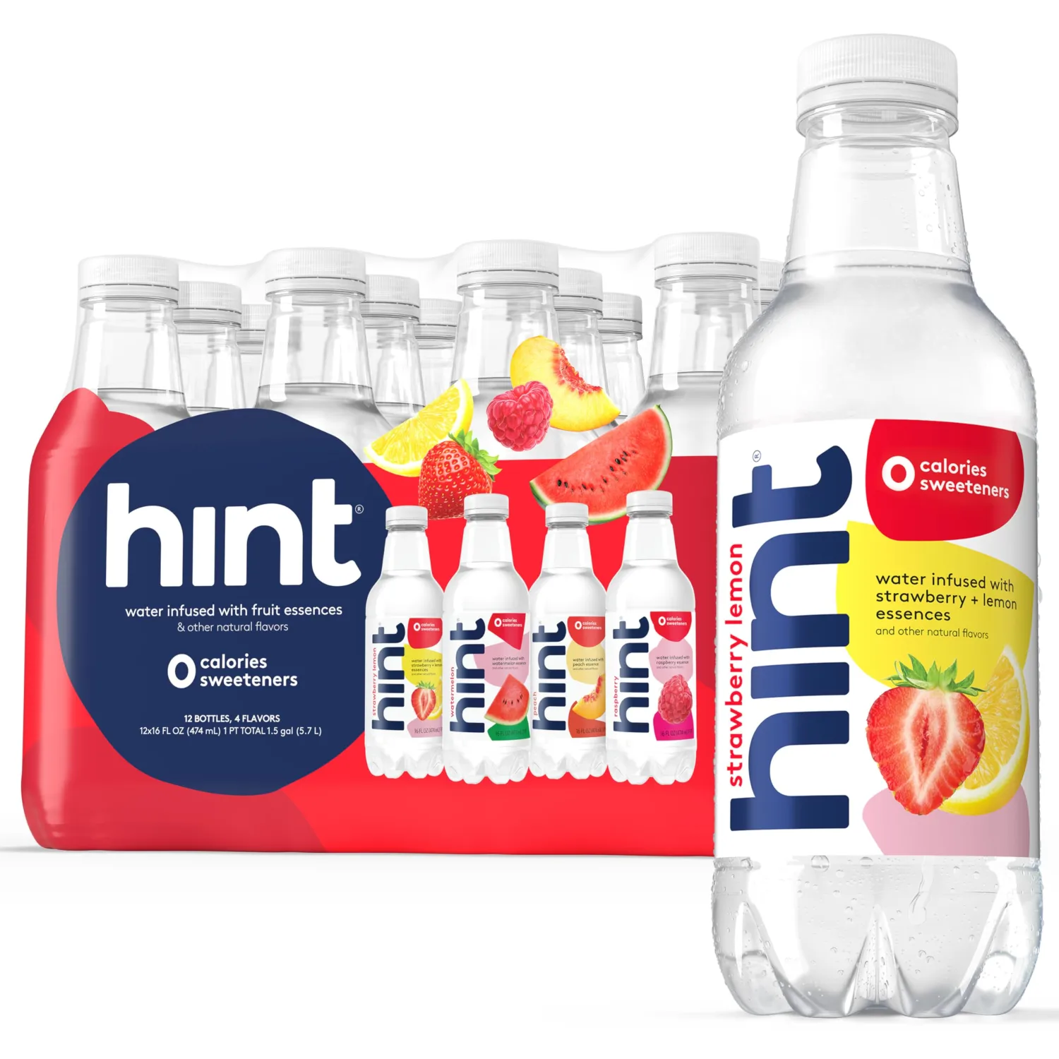 Hint Water Red Variety Pack, 3 Bottles Each of: Peach, Raspberry, Watermelon, and Strawberry Lemon, Zero Calories, Zero Sugar and Zero Sweeteners, 16 Fl Oz (Pack of 12)